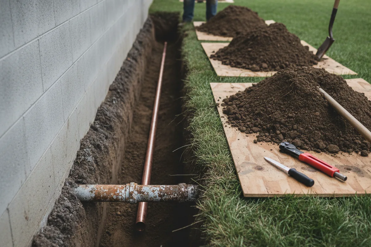 Excavated water line trench during Sewer Line Repair in Paxton